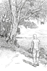 A drawing depicting a man walking along a path. The man is shown in motion, taking steps forward as he moves along the path