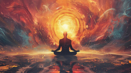 A person sits in lotus position against a swirling vortex of fiery hues and cosmic energy - obrazy, fototapety, plakaty