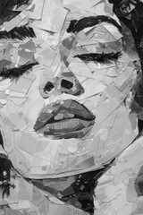 Close-up of a black and white collage depicting a woman’s facial features crafted from torn paper pieces