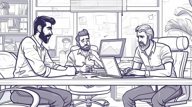 The office meetings of business people are taken place at a desk, as they discuss plan development, search for a solution, communicate, brainstorm and discuss. Line art modern illustration of several