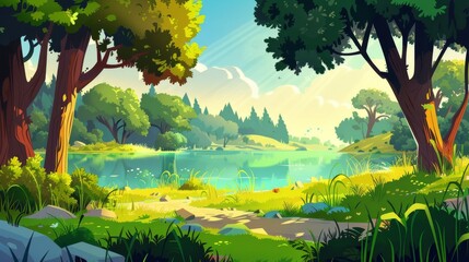 The landscape of summer forest with lake on glade, trees and path. Modern cartoon illustration of nature panorama with pond, grass, bushes on shore, stones, and sunlight.