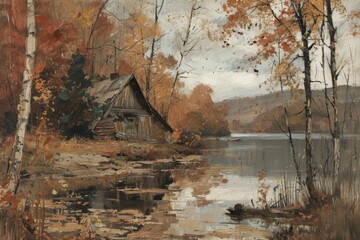 Autumnal Cabin by a River