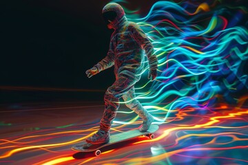Fototapeta na wymiar Digital Artist Skateboarding on Fluid Motion Background