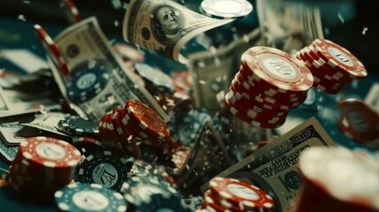 Obraz na płótnie Canvas Casino Chips and Dollar Bills in Freeze-Frame