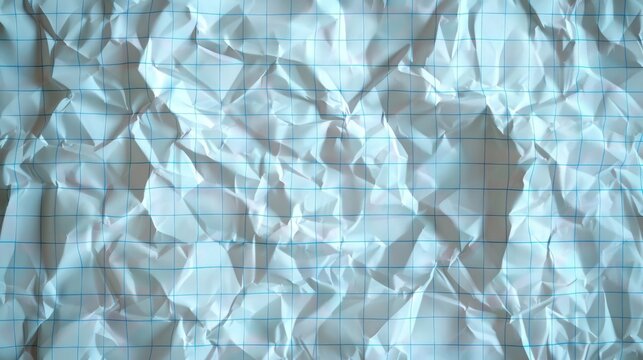 Modern illustration of crumpled blue checkered paper texture. Blank white notebook sheet mock-up with wrinkle and crease effect, note page mock up, educational template.