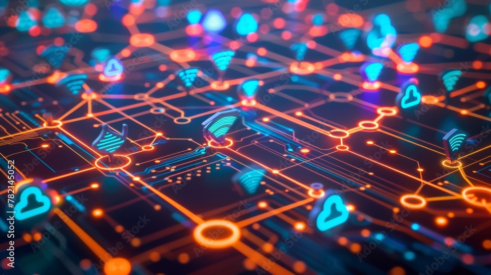 Poster close-up of a complex circuit board with glowing multicolored connections and electronic components.