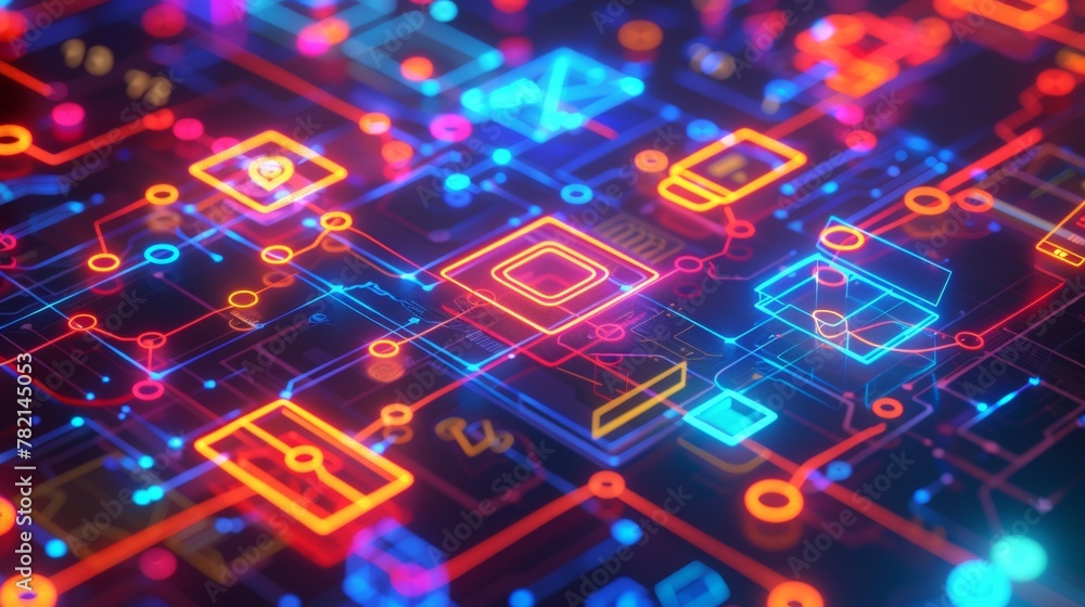 Poster close-up of a complex circuit board with glowing multicolored connections and electronic components.