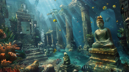 Fototapeta premium A buddha statue resting on the ocean floor, surrounded by marine life and coral in an underwater setting