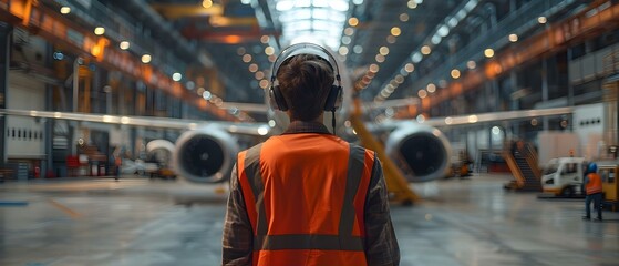 Industrial Symphony: Engineer Overseeing Airplane Assembly. Concept Aircraft Manufacturing, Engineer Supervision, Industrial Setting, Precision Engineering, Aerospace Technology