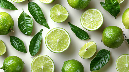 Fresh whole and halved limes with leaves scattered on a white background, top view. Vibrant green citrus fruit, perfect for healthy lifestyle and culinary concepts.