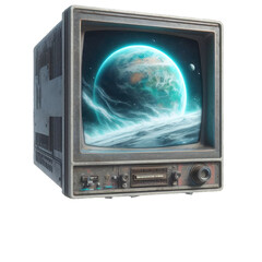 Computer monitor displays space battle with spaceship flying through clouds. Scene is filled with various planets and stars, creating sense of adventure and excitement. Isolated object