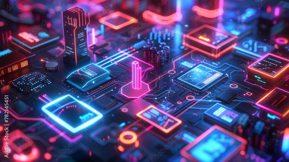 Poster close-up of a complex circuit board with glowing multicolored connections and electronic components.