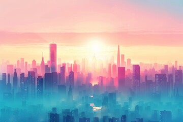 Fototapeta na wymiar Colorful realistic cityscape landscapes with light azure and pink and clouds. Sunlight. Soft