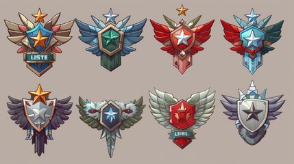 Modern cartoon illustration of award medals with stone texture, iron texture, silver texture, and gold texture. Level achievement icons decorated with wings.