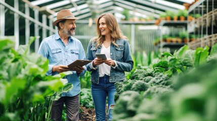 Smiling woman with smartphone beside a farmer holding a clipboard in a greenhouse.