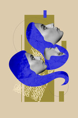 Vertical photo collage of serious girls haircare salon procedure keratin coloring blue mask stylist...
