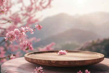 Wooden platter and pink sakura on blurred mountain landscapes background. Romantic. Product showcase. Photorealistic