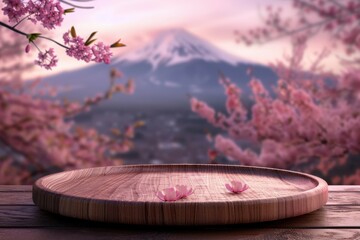 Wooden platter and pink sakura on blurred mountain landscapes background. Romantic. Product showcase. Photorealistic