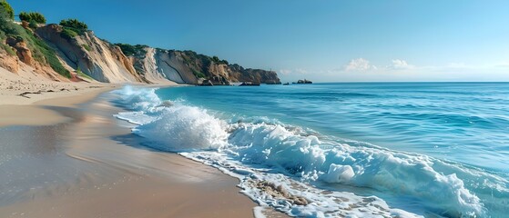 Serene Shoreline: Rhythms of the Waves. Concept Beach Sunset Photography, Ocean Waves, Coastal Landscape, Seagulls in Flight, Seaside Reflections