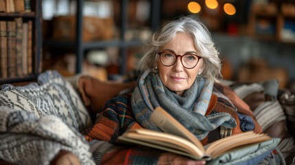 Elegant senior woman with glasses, wrapped in a cozy scarf, reading a book in a warm, inviting home library setting. - obrazy, fototapety, plakaty