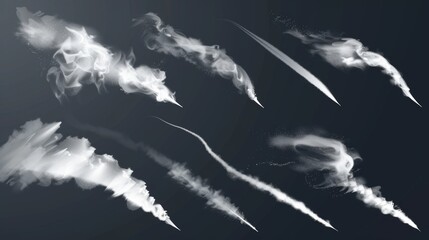 An illustration of realistic smoke trails set isolated on a transparent background. Condensation lines of aircraft in the sky, rocket trails, space missions, and aviation speeds. - obrazy, fototapety, plakaty