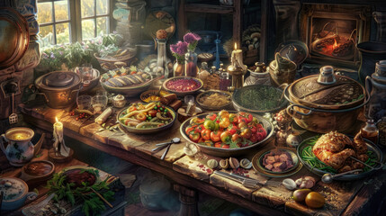 A vibrant painting capturing a table brimming with an assortment of delectable dishes, fruits, and beverages - obrazy, fototapety, plakaty