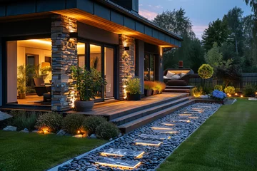Foto op Canvas villa in the country with a wooden terrace and green grass, yellow lights © Collorio