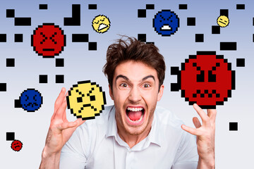 Composite photo collage of irritated angry young man crazy gesture bad negative emoticons smiley...