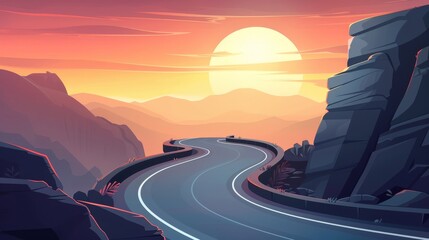 Cartoon summer evening or morning countryside landscape of asphalt highway in rocky hills with serpentine curves over cliffs.