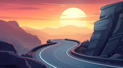 Poster Cartoon summer evening or morning countryside landscape of asphalt highway in rocky hills with serpentine curves over cliffs. © Mark