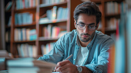 Focused man studying, library setting, academic dedication.
