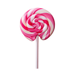 A close up of a pink and white lollipop on a stick