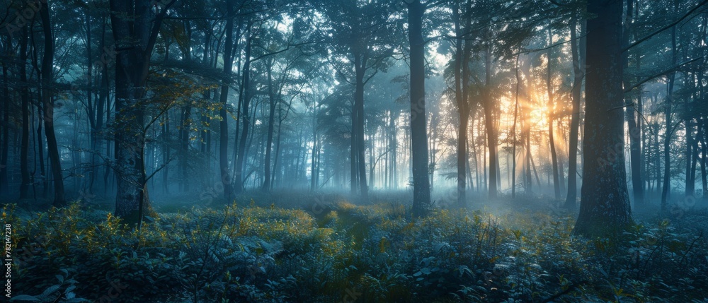 Poster misty forest with sunbeams filtering through the trees