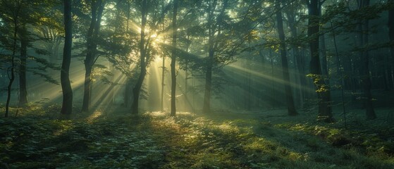 Sunrise piercing through the trees in a foggy forest