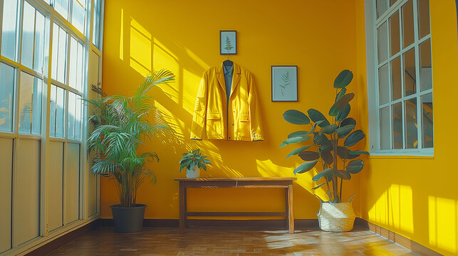 Cozy interior with warm sunlight casting shadows on a vibrant yellow wall, featuring a hanging jacket, framed artwork, and lush indoor plants beside a window.