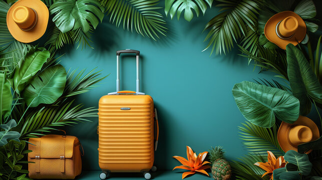 Tropical travel concept with orange suitcase, straw hats, and lush green palm leaves on a teal background, symbolizing vacation and adventure.