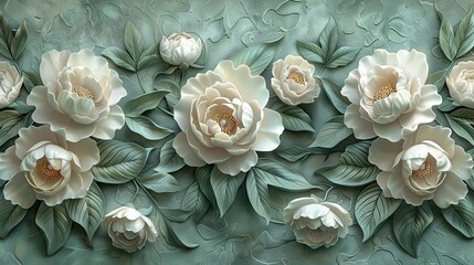 Lush Green Peony Plasterwork on Textured Wall