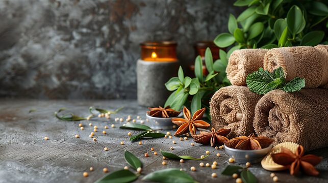 Spa concept with rolled towels, green leaves, star anise, and soybeans on a textured surface with a rustic backdrop, conveying a sense of relaxation and natural beauty.