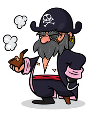 Captain Pirates Cartoon characters wearing Pirates cap with skull and bones logo, blindfold, and hook at his hands. Smoking with tobacco pipe. Best for sticker, logo, and mascot for tobacco product