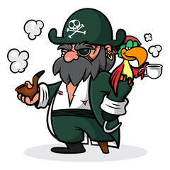 Captain Pirates Cartoon characters smoking with tobacco pipe and his Parrot drinking a hot coffee. Best for sticker, logo, and mascot for tobacco and coffee product