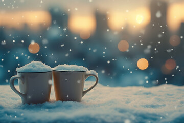 Close-up of two coffee cups in the snow near the city blurred. Holidays, happy moments at home