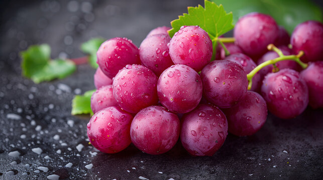 Fresh red grapes with water drops and green leaves on a dark background.