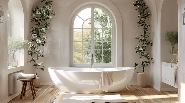 Bright, airy bathroom with a freestanding bathtub, wooden floors, and green plants climbing the walls, with a large arched window providing natural light.