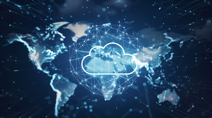 A cloud is hovering over a globe, representing the idea of technology and the internet. The image has a futuristic and somewhat ominous mood, as the cloud seems to be looming over the world