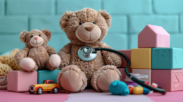 Teddy bears with a stethoscope and colorful toys on a pink and blue background, representing pediatric healthcare or child's playtime.