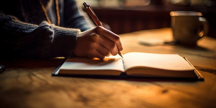 person writing in notebook, A image of an open notebook and pen placed on a coffee table, suggesting a moment of reflection or journaling during leisure time