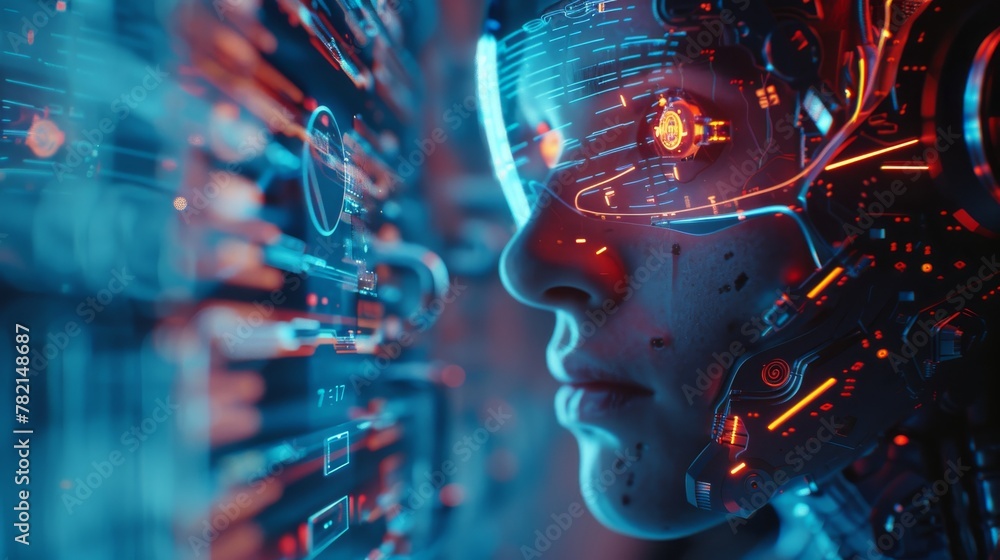 Poster Future concept depicting a humanoid robot pressing a button on an augmented reality HUD interface. The robot is controlled by a virtual HUD interface in augmented reality.