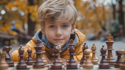 "Checkmate Focus: Child Prodigy of Chess"
A young boy with striking eyes exhibits sharp focus on a chessboard, his golden coat mirroring the autumn hues around him.