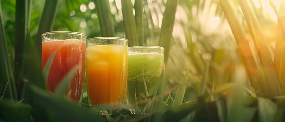some refreshing glass cups of juice. surrounded by sugarcane