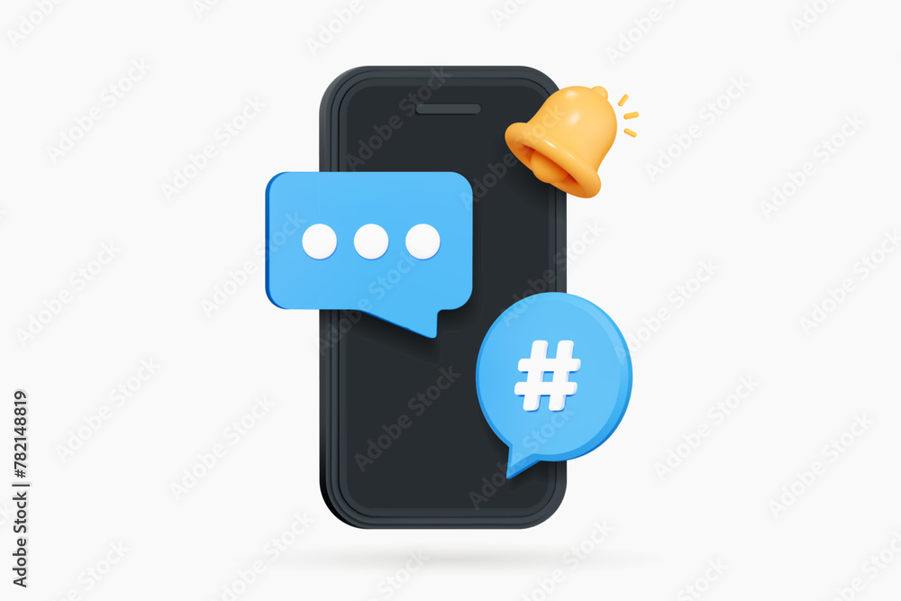 Poster 3d mobile phone with speech bubble message and bell notification. online communication. comments thr